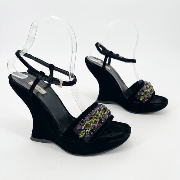 Vintage Prada Black Velvet Jeweled Embellished Platform Wedge Heel Sandals IT 37 - Picture 1 of 10